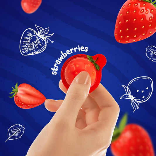 1.5-inch round gummy shell with a gooey liquid jam center