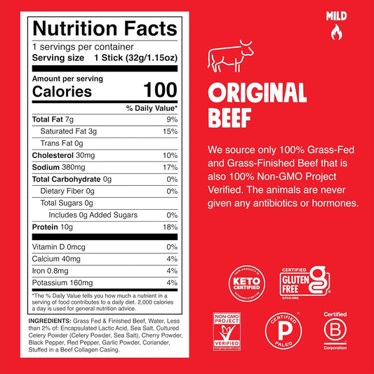 100% grass-fed and finished beef from real, identifiable ingredients (no nitrates beyond cultured celery powder)