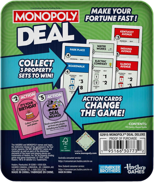 110 cards including property, money, and action card types