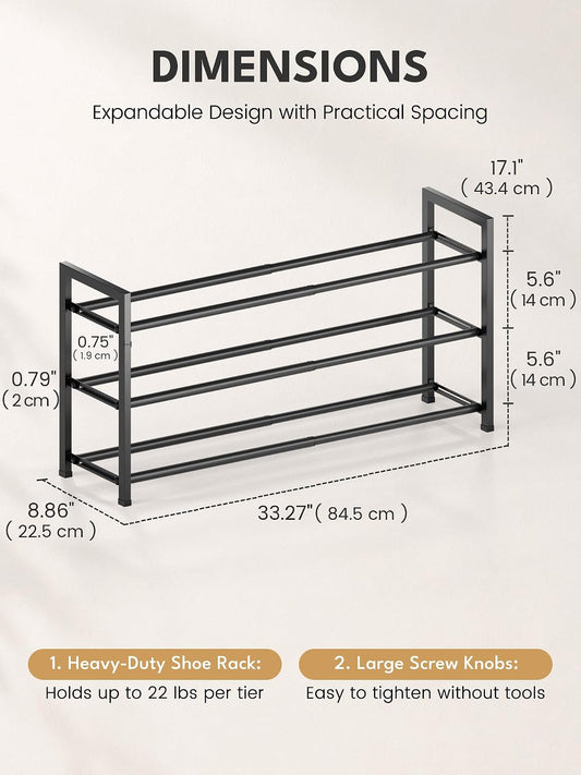 3-tier (and 2/4/5-tier) configuration holding up to 12 pairs of adult shoes per 3 tiers