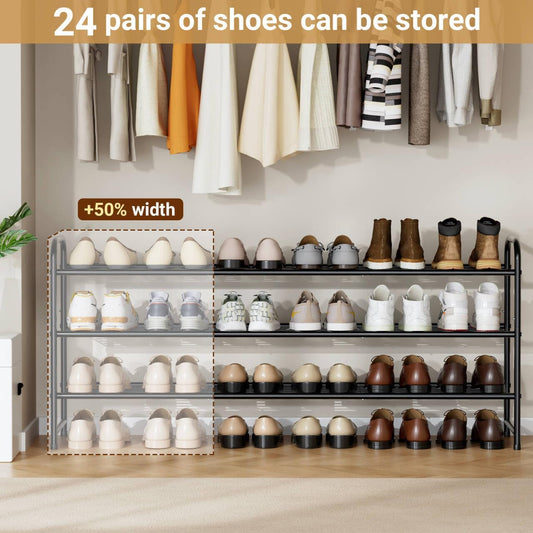 43"w x 11.4"d footprint holding up to 24 pairs of shoes