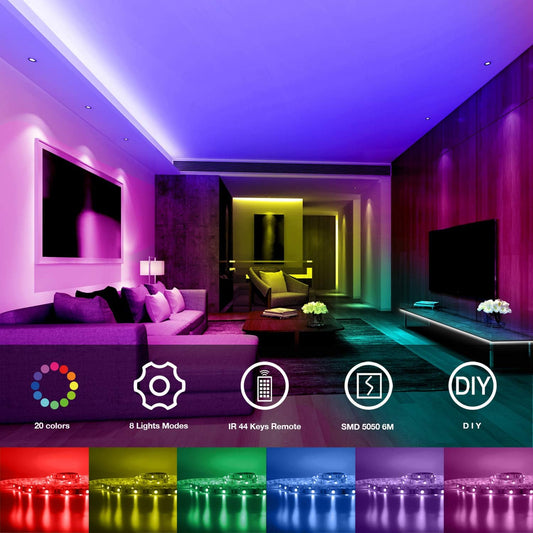 44-key ir remote with 20 color options and 8 lighting modes