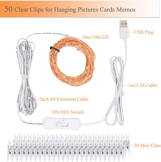 50 clear movable photo clips spaced along the wire