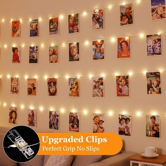 50 clear photo clips and 20 adhesive wall hooks included for instant hanging