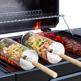 ivtivfu Rolling Grill Basket – Thoughtful Birthday Gift for Dad and Husbands, Nesting BBQ Cookware with Wooden Handle