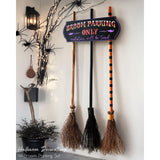 Hocus Pocus Themed Gift – Broom Parking Sign with 3 Wooden Witch Brooms for Halloween Lovers and Movie Fans
