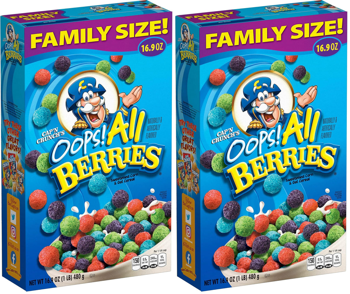 Cap'n Crunch Cereal, Oops All Berries, 16.9oz Box (Packaging May Vary) (Pack of 2)
