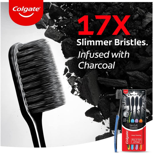 charcoal-infused soft bristles designed to sweep food and plaque along the gumline