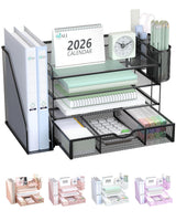 WALI Less-Is-More Desktop File System for Minimalist Home Offices, Compact Tiered Letter Tray with Integrated Drawer and Pen Cups