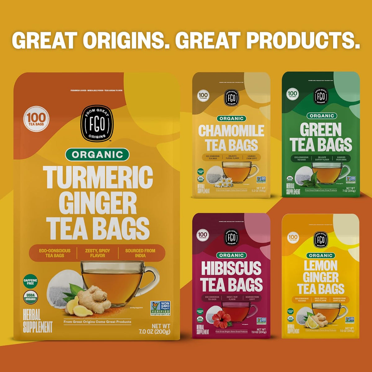 FGO Organic Turmeric Ginger Tea – 100-Count Office Tea Station Stock for Shared Break Room Focus
