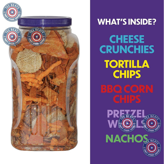 five-component mix: corn tortillas, nacho tortillas, pretzel wheels, bbq corn chips, and cheese curls