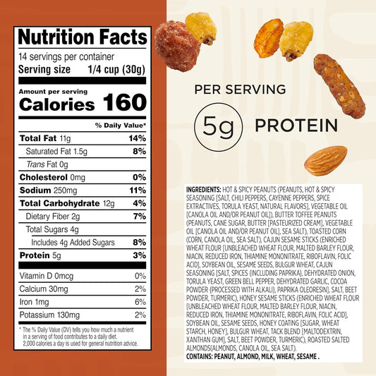 five distinct components: hot and spicy peanuts, butter toffee peanuts, toasted corn, cajun and honey sesame sticks, and almonds