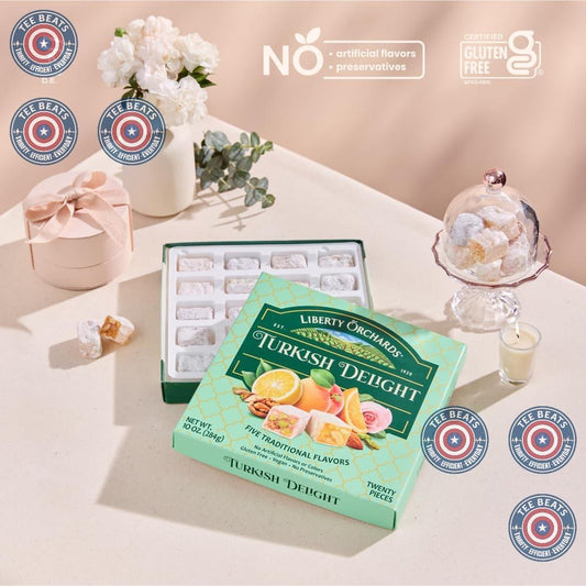 five-flavor assortment: orange blossom & almond, rose & pistachio, lemon delight, vanilla & pistachio, apricot & walnut