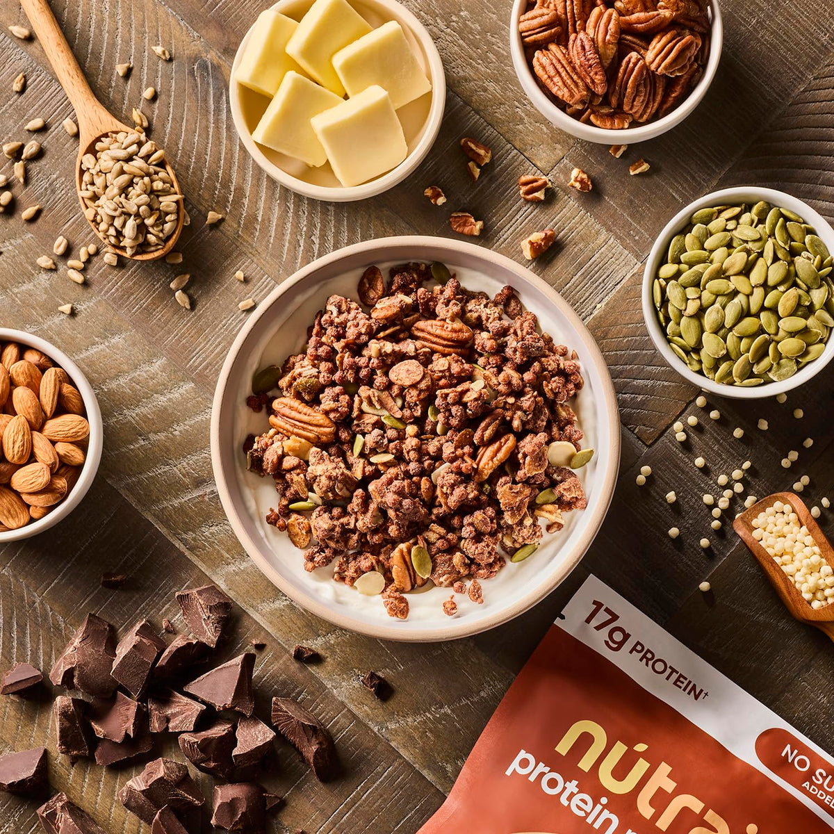 flaked granola form factor that works as cereal, topping, or standalone snack
