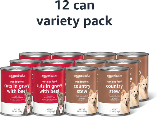 four flavor variations across the product line: country stew & beef, filet mignon & beef, chicken & beef, chicken & rice