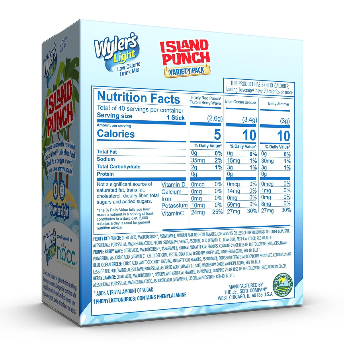 four tropical fruit flavors: fruity red punch, purple berry wave, berry jammer, blue ocean breeze