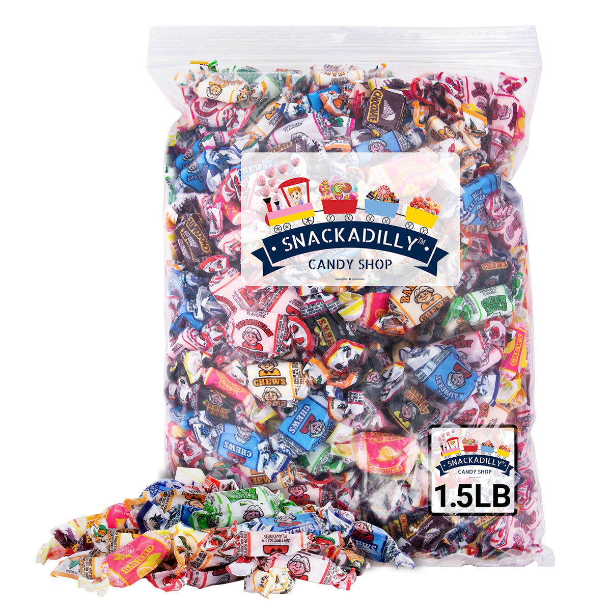 Fruit Chews 1.5 Pounds - 15 Flavor Assortment - All 15 Flavors Including Sours! - Blue Raspberry, Banana, Watermelon, Green Apple, Chocolate, Peach, Vanilla, Grape, Strawberry, Pink Lemonade, Cherry, Black Cherry - Packaged By Snackadilly