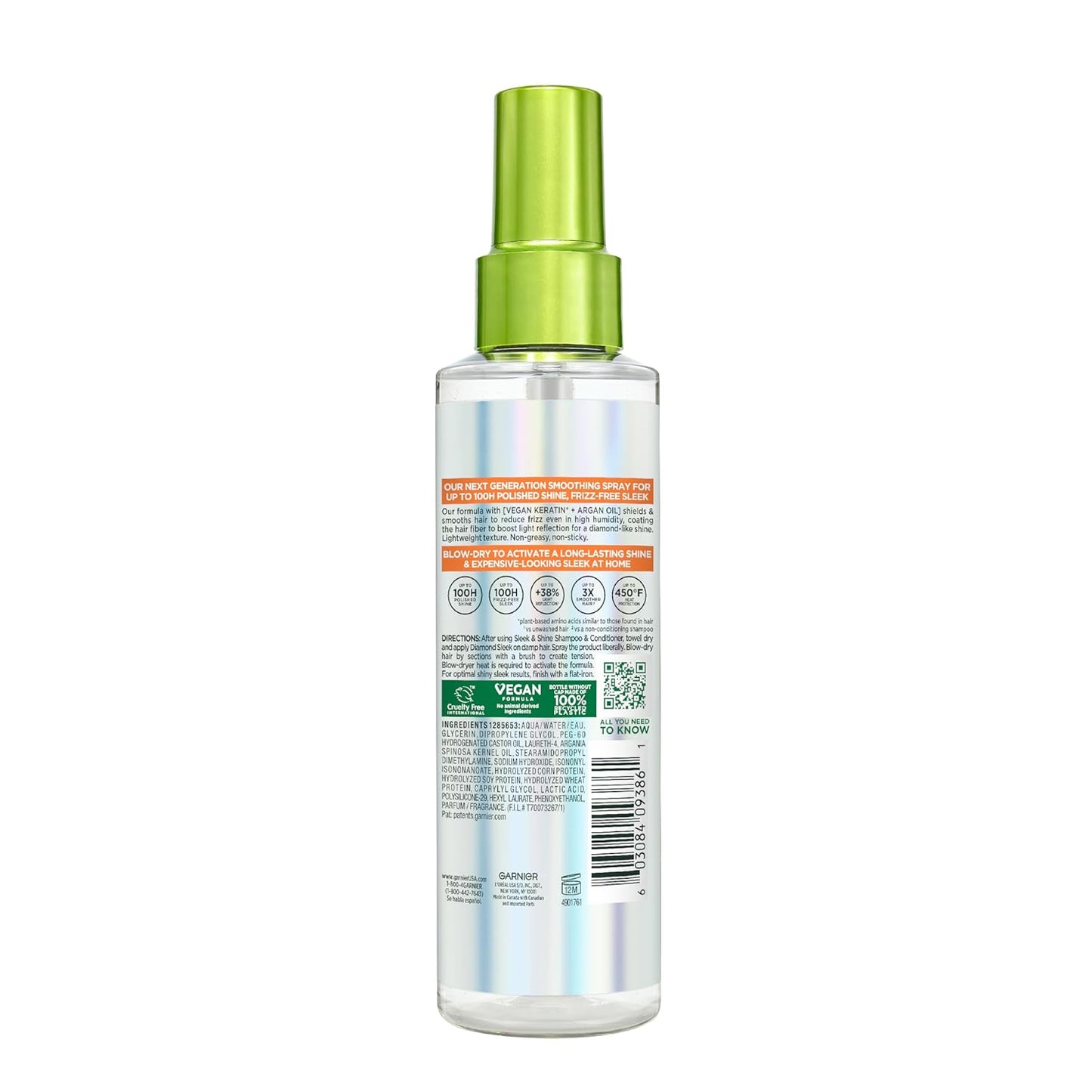 Garnier Fructis Diamond Sleek Hair Shine Spray – Mindful Self-Care Ritual for Frizz-Prone Hair, Vegan Keratin and Argan Oil