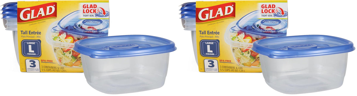 Glad GladWare Tall Entree Food Storage Containers | Large Square Containers Hold up to 42 Ounces, 3 Count | Strong and Sturdy Food Storage Holders (Pack of 2)