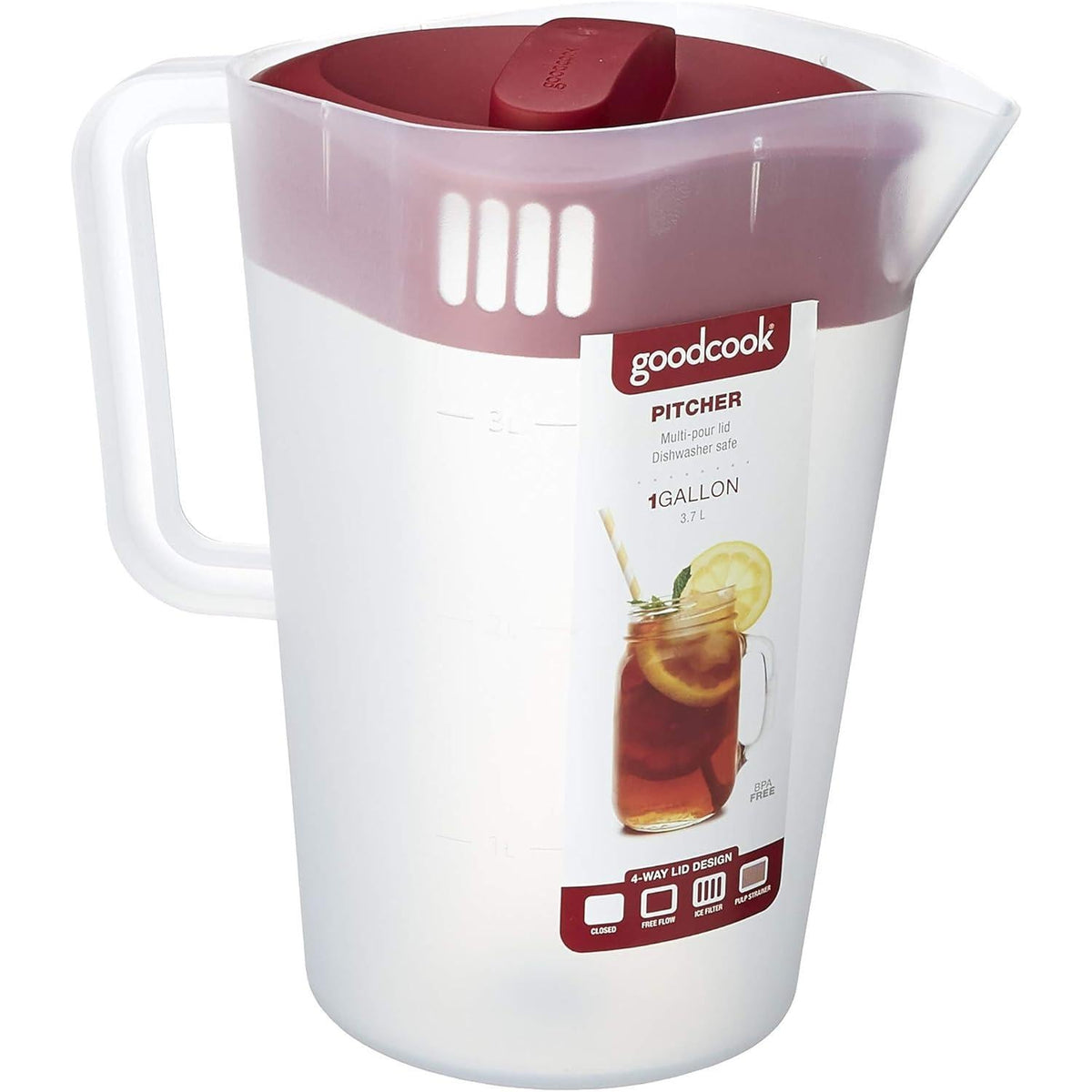 GoodCook Pitcher with Locking Square Lid – Minimalist Kitchen Counter Accessory for Everyday Entertaining, Red Accent