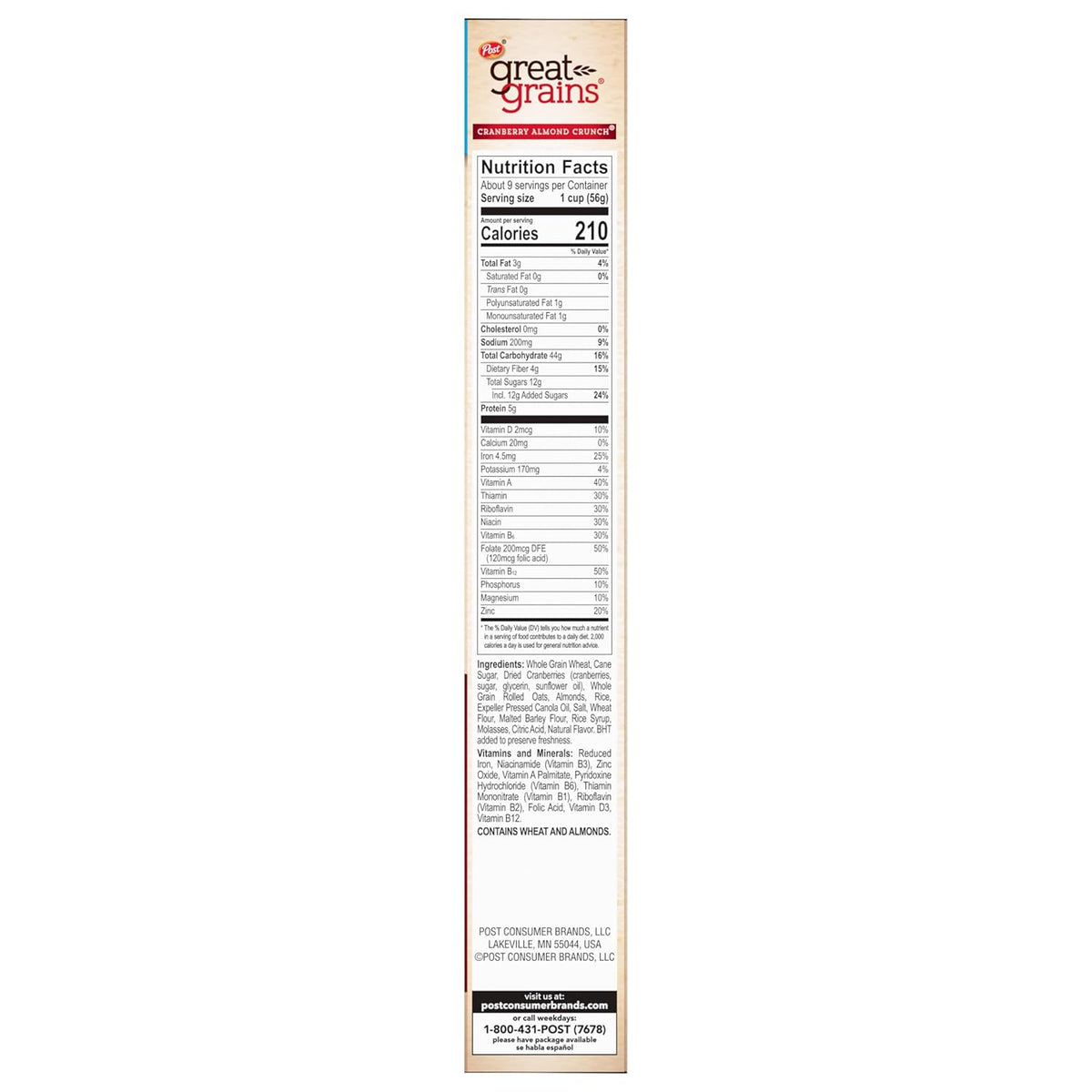 Great Grains Cranberry Almond Crunch – 38g Whole Grain Cereal for Sustained Morning Energy, 17 oz