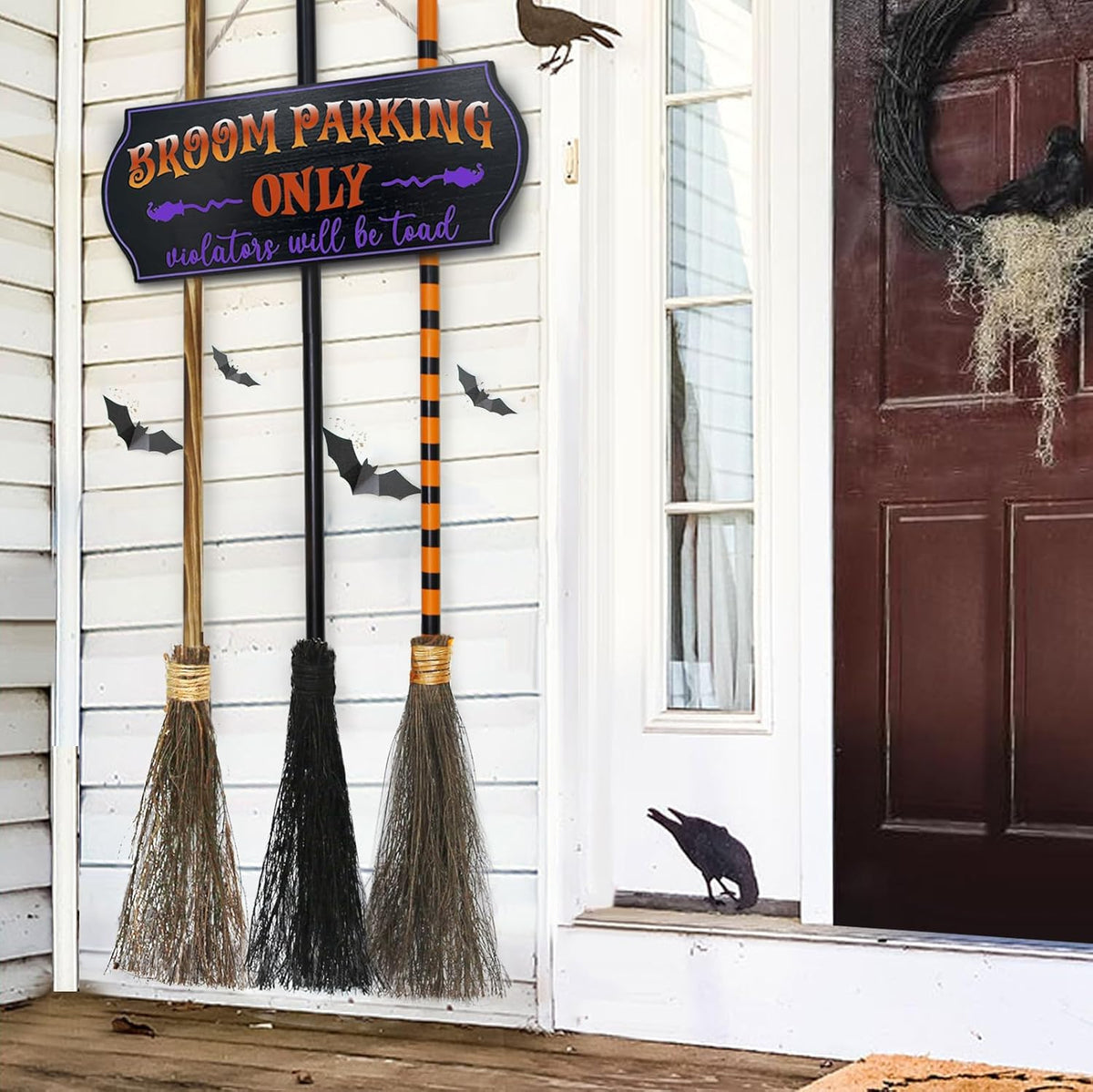 Hocus Pocus Themed Gift – Broom Parking Sign with 3 Wooden Witch Brooms for Halloween Lovers and Movie Fans