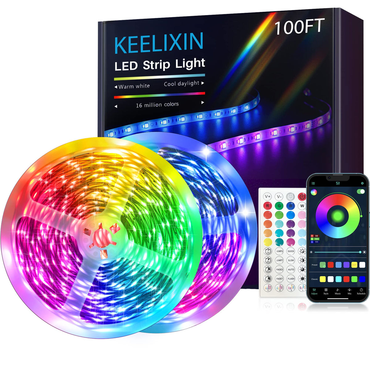 KEELIXIN LED Lights Music Sync RGB LED Strip Lights with APP & Remote Control (100ft)
