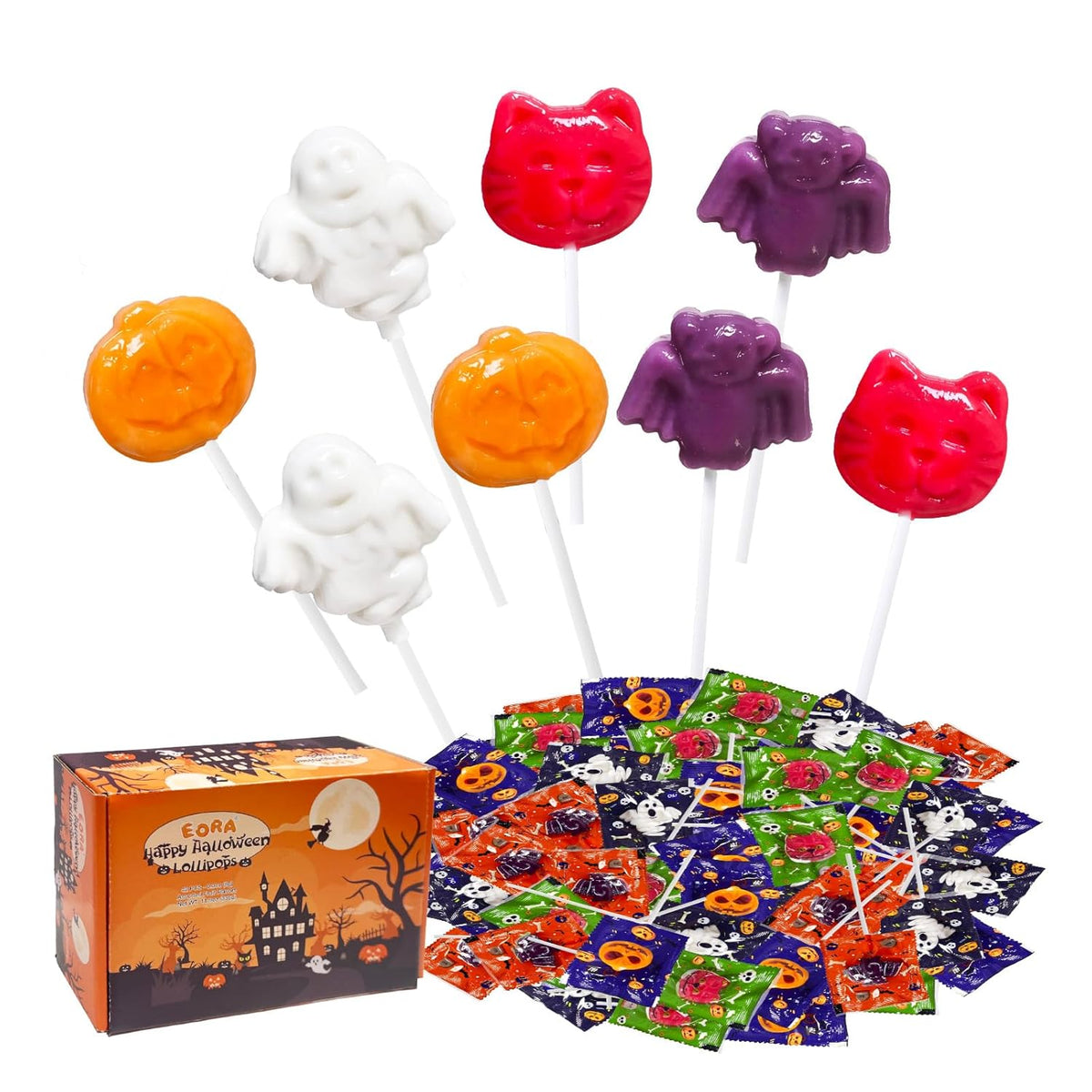 Low Sugar Fat Free Gluten Free Halloween Suckers 42 Count, Individually Wrapped Sealed for Hygienic Trick or Treat Handouts and Classroom Party