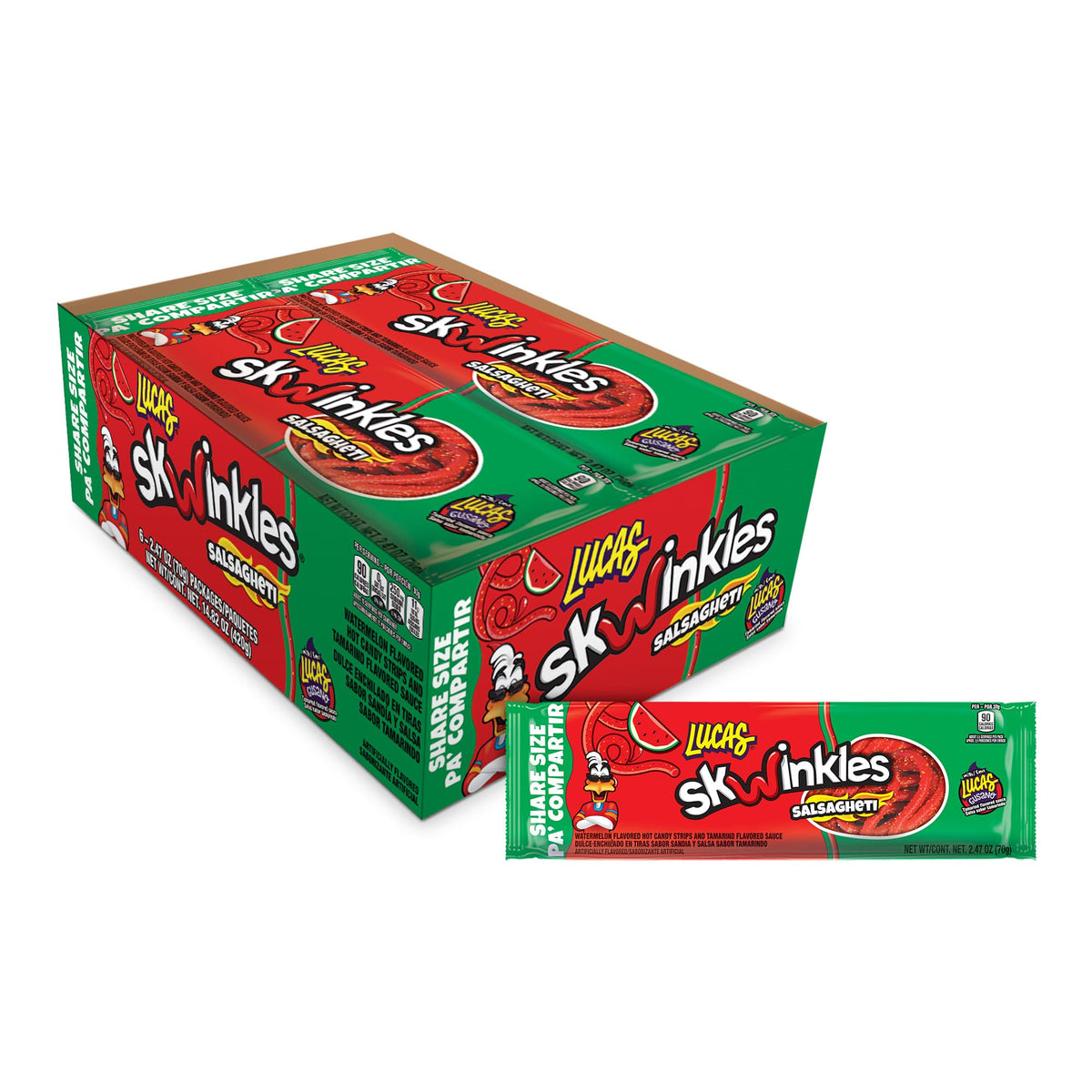 Lucas Salsagheti Watermelon Flavored Sweet & Hot Candy Strips and Tamarind Flavored Sauce, King Size 2.4 oz - 6 Pieces Pack for Treats, Snack, Parties, Piñatas, Great for Easter Baskets