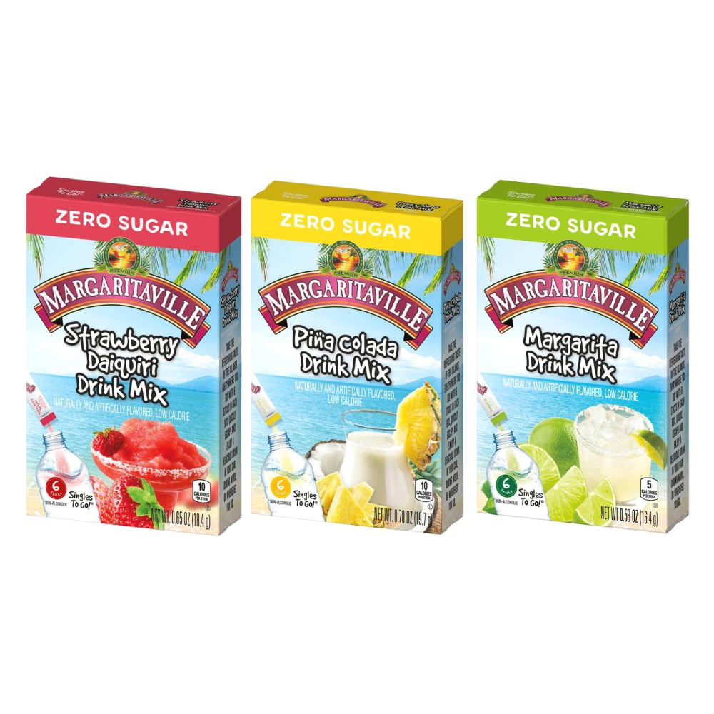 Margaritaville Singles To Go Drink Mix Ultimate Summer Variety Party Bundle Margarita, Pina Colada & Strawberry Daiquiri, (18 Piece Assortment)
