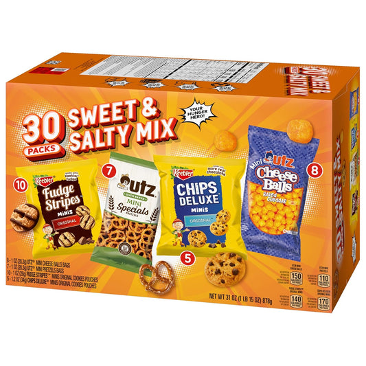 mixed contents: chocolate chip cookies, fudge-striped cookies, mini pretzels, and cheese balls