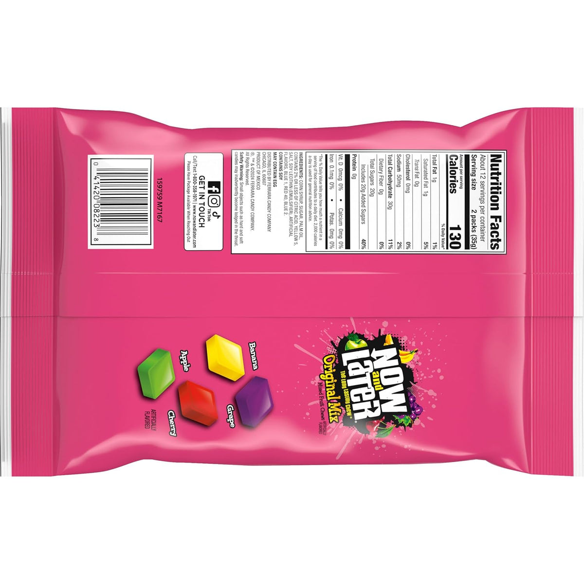 Now and Later Candy, Original Chewy Candy Pack – Safe Individually Wrapped Slug Candy for School Snacks and Piñata Stuffing