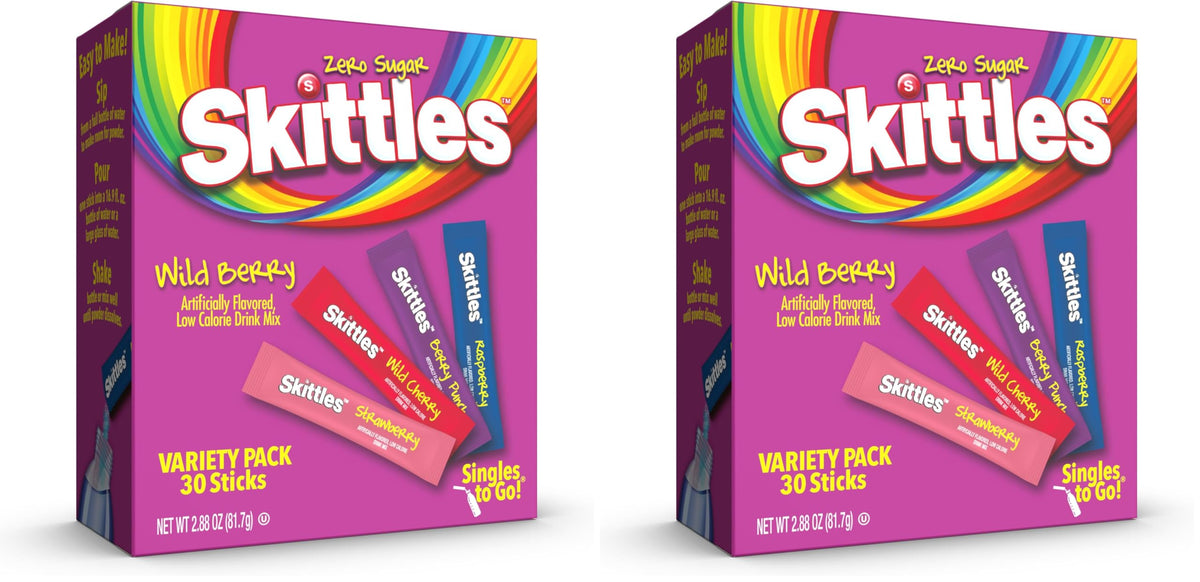 Skittles Singles To Go Wild Berry Variety Pack, Watertok Powdered Drink Mix, Zero Sugar, Low Calorie, Includes 4 Wild Berry Flavors, 1 Box (30 Single Servings) (Pack of 2)