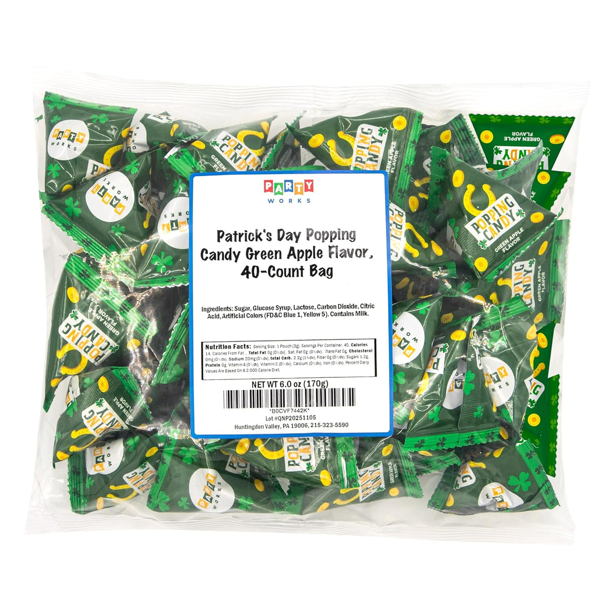 St Patrick's Day Party Favor Gift Set - 40 Pop Rocks Sour Green Apple Mini Packs, Individually Wrapped Treats for Holiday Gift Bags & Themed Birthday Giveaways