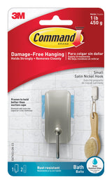 Command Satin Nickel Bath Hook – Damage-Free Wall Mount Safe for Rented Apartments and Kids' Bathrooms