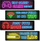 4 Pcs Printed Neon Gaming Posters – Child-Safe Wall Decor for Playroom and Kids Room, Wooden Gaming Art