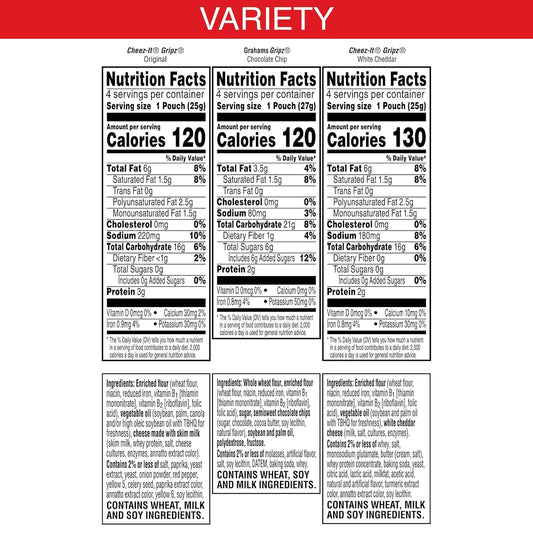 three-flavor variety: cheez-it gripz original, cheez-it gripz white cheddar, and chocolate chip grahams