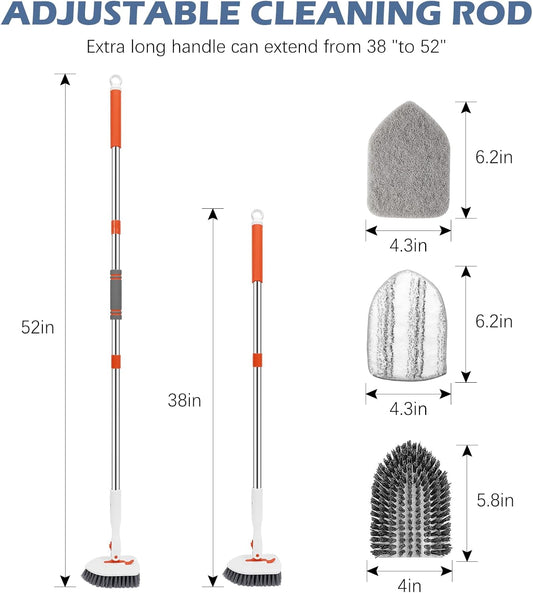 three interchangeable cleaning heads: hard bristle brush, scrub sponge, and microfiber pad