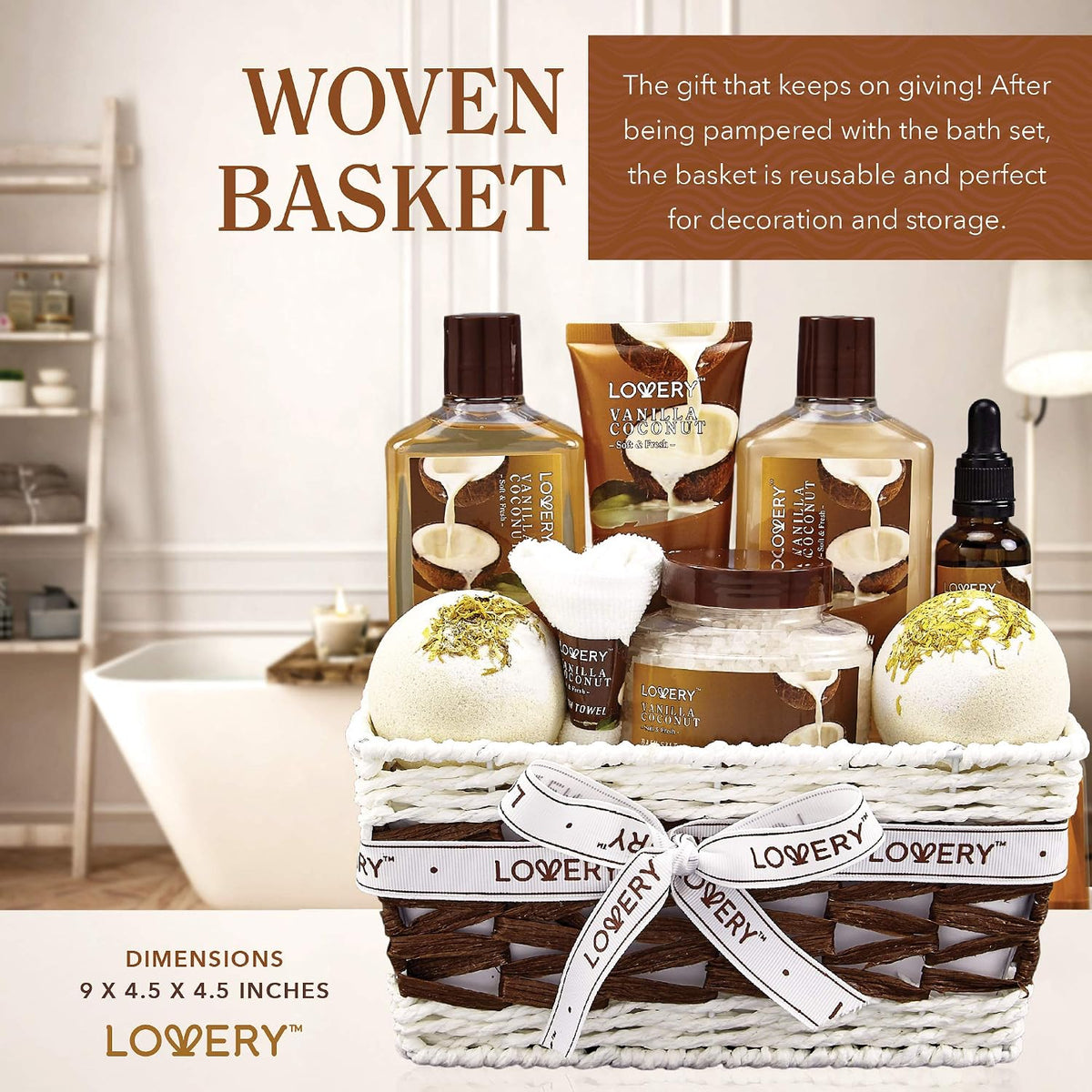 Valentines Day Gifts For Women – 9 Piece Vanilla Coconut Bath Set in Decorative Basket, Romantic Anniversary Gift for Her