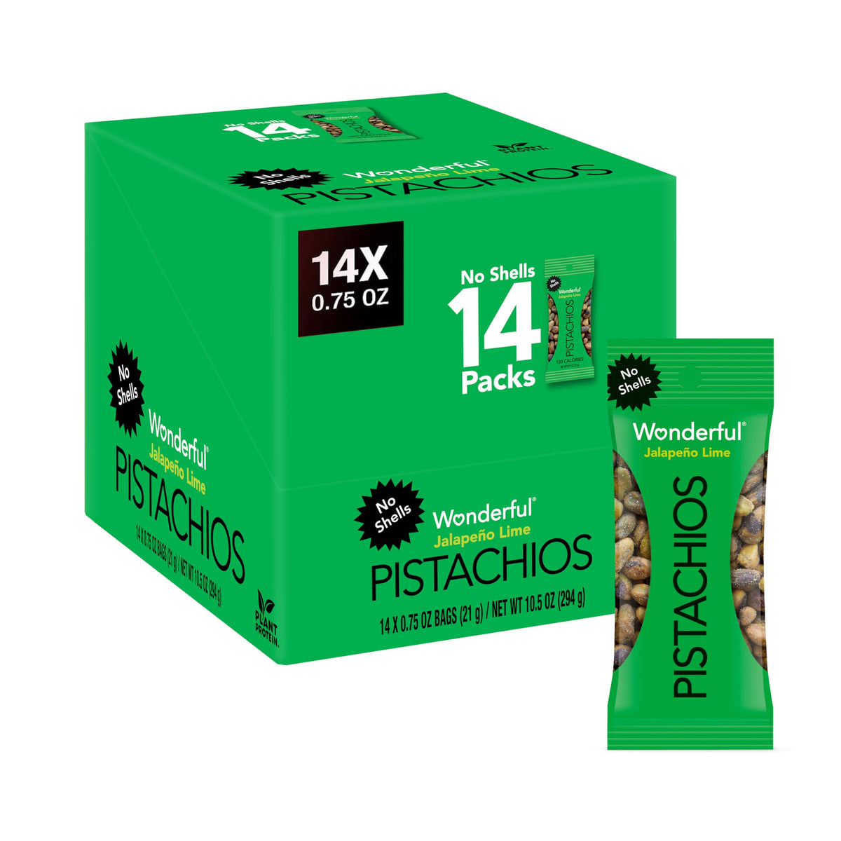 Wonderful Pistachios No Shells, Jalapeño Lime Nuts, 0.75 Ounce Bags (Pack of 14), Protein Snacks, Gluten Free, On-the-Go, Individually Wrapped Snacks, Pantry Staples