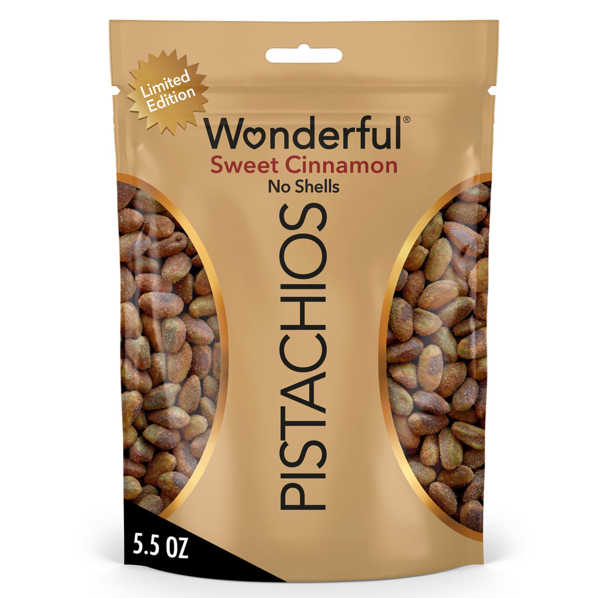 Wonderful Pistachios No Shells, Sweet Cinnamon Flavored Nuts, 5.5 Ounce Resealable Bag, Protein Snacks, Gluten Free, Healthy Vegan Snacks