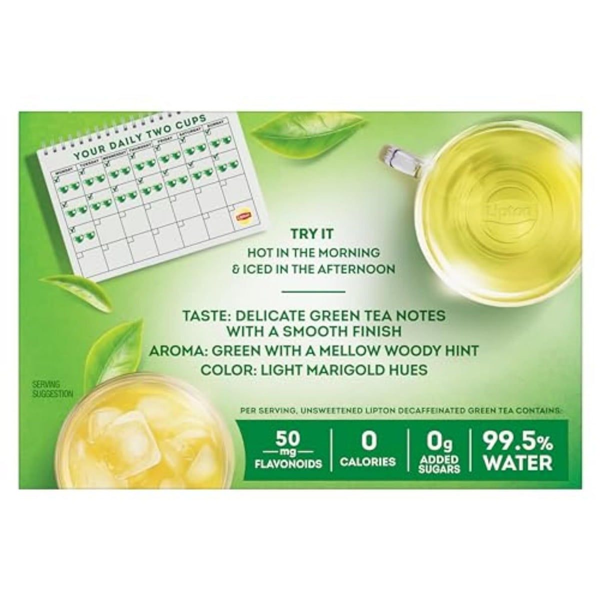 0 calories, 0g added sugars, and 99.5% water content per brewed cup