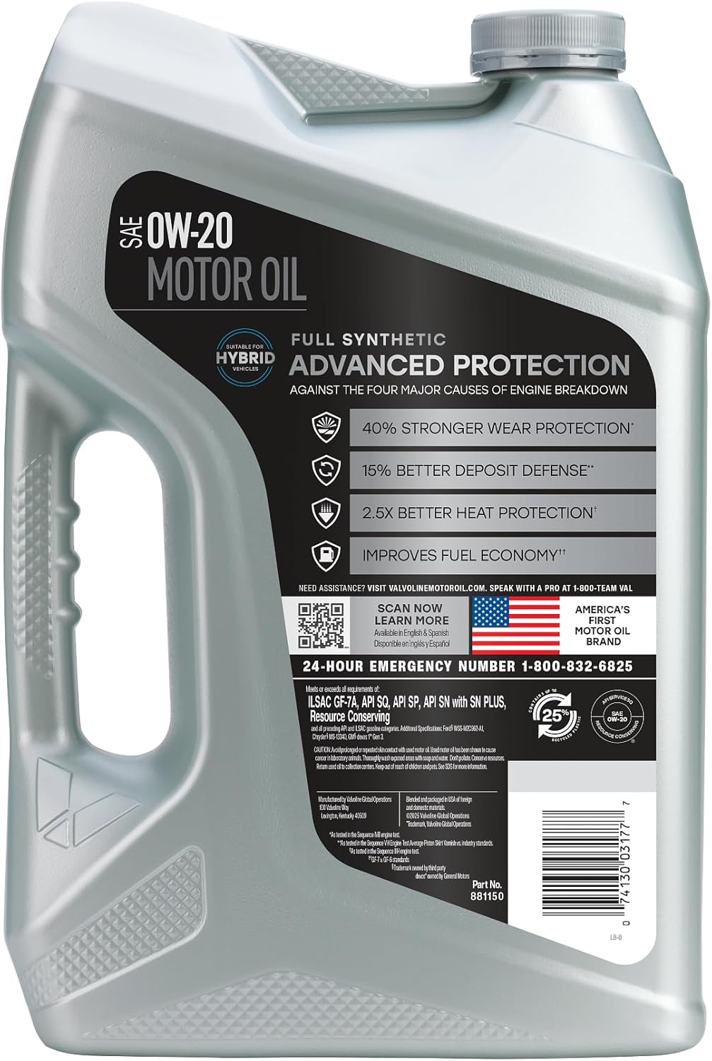 0w-20 low-viscosity grade (line spans 0w-16 through 20w-50) for fuel economy and cold flow