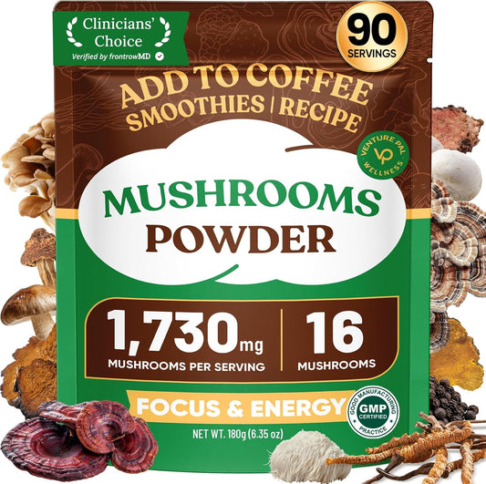 1,730mg 16-mushroom extract blend per serving (lion's mane, chaga, reishi, cordyceps, turkey tail, and 11 more)