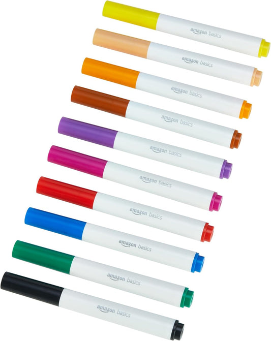 10 broad line markers in blue, green, red, black, orange, yellow, purple, brown, pink, and turquoise