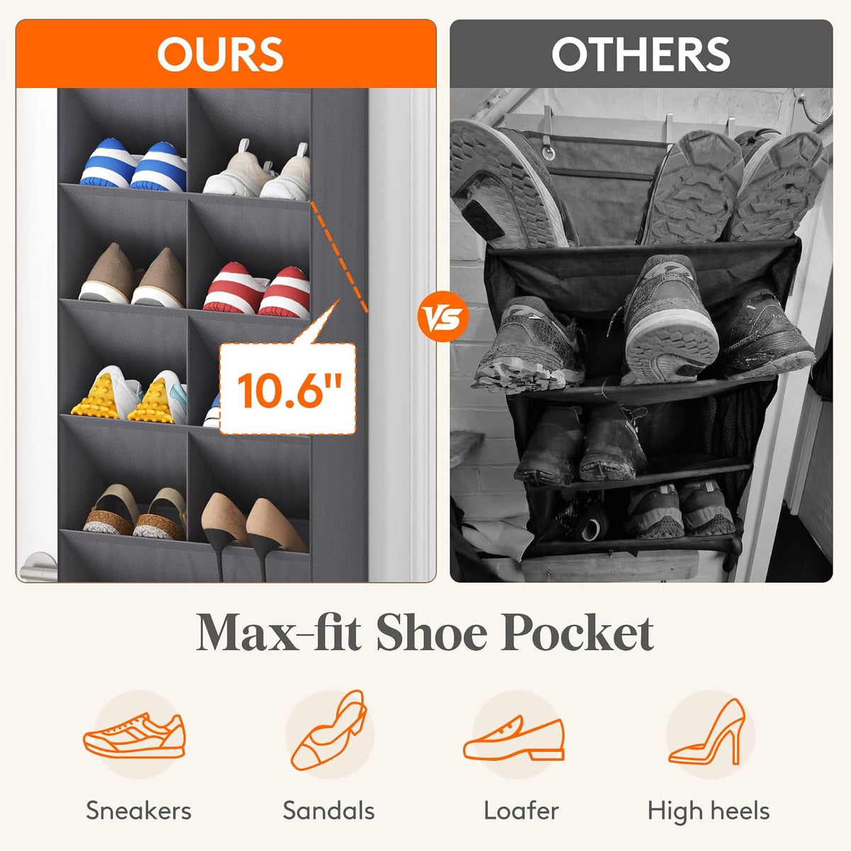 10 deep pockets (on 6-tier model) with slanted openings for easy one-handed access