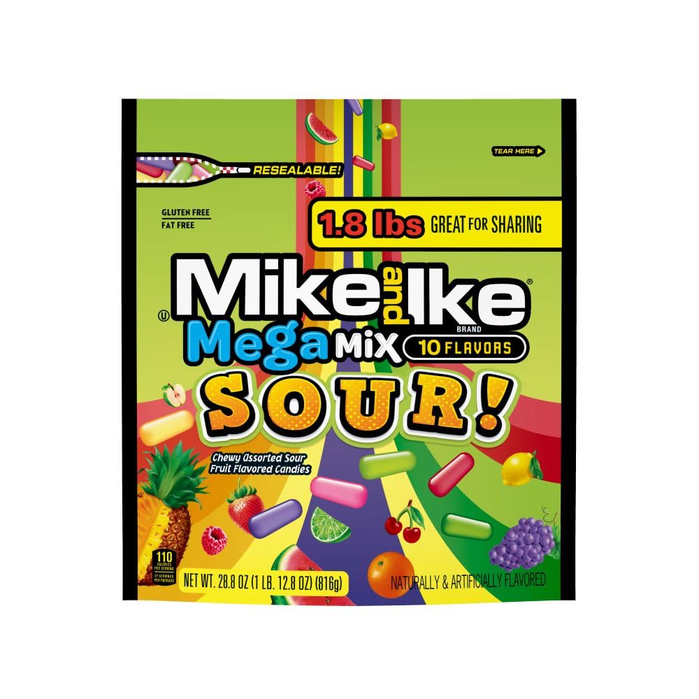 10-flavor mega mix sour assortment including zappin' apple, slammin' strawberry, and shockin' raspberry