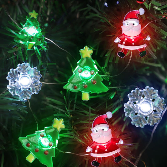10 ft string with 30 led bulbs in green tree, red santa, and white snowflake shapes