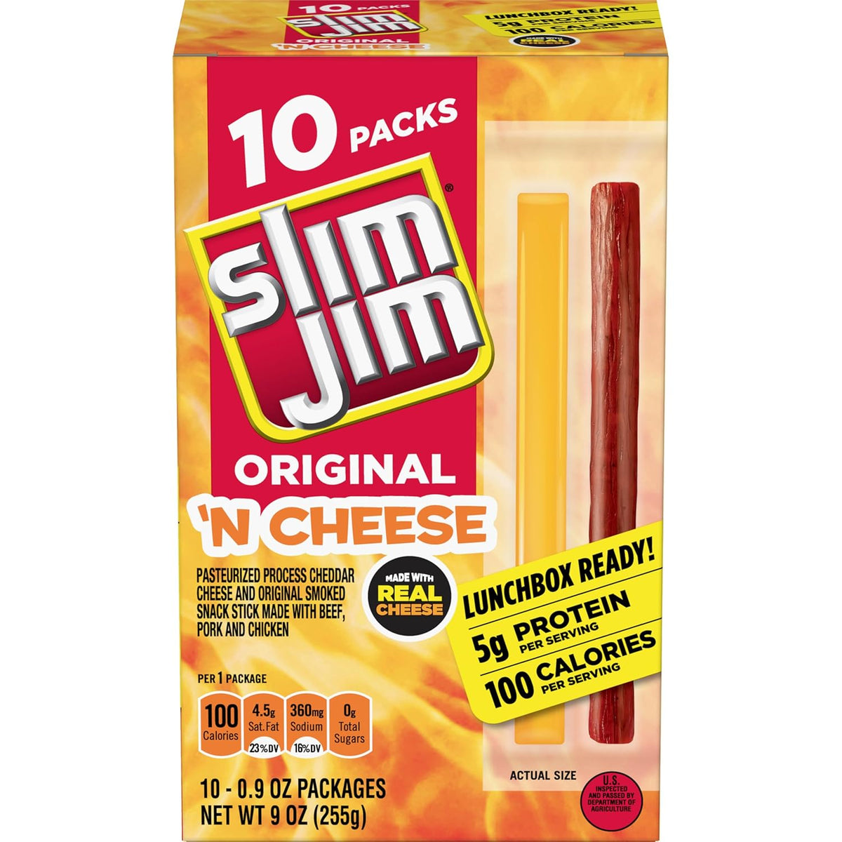 10 individually wrapped 0.9 oz meat-and-cheese sticks per box, plus a 33.6 oz twin-pack variant for bulk buyers