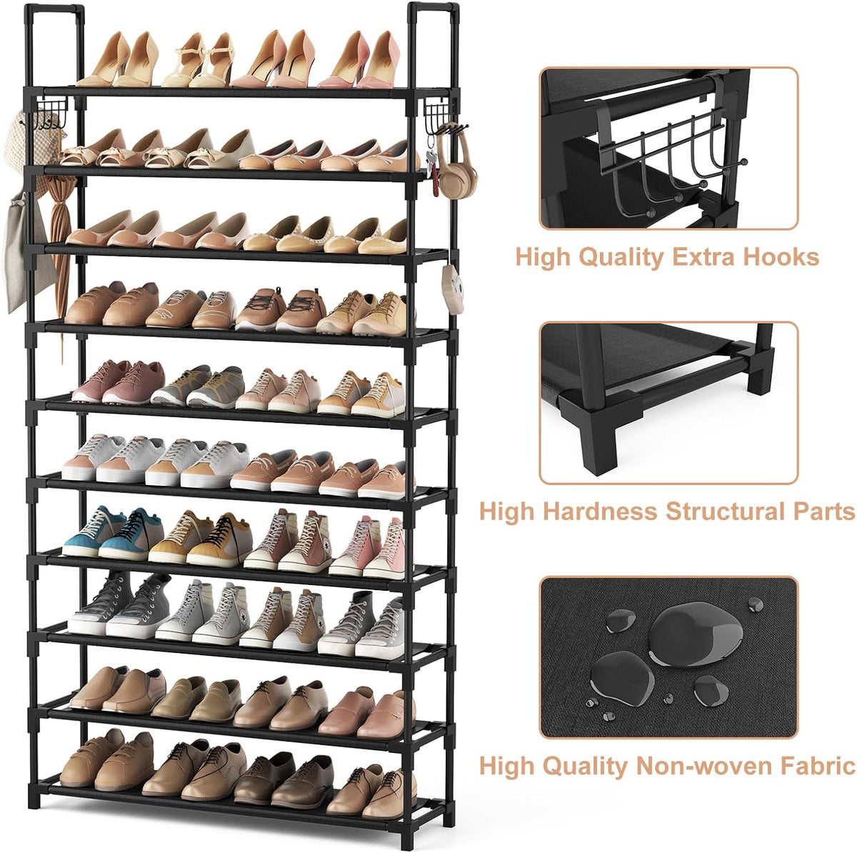 10 integrated side hooks for keys, umbrellas, bags, and accessories